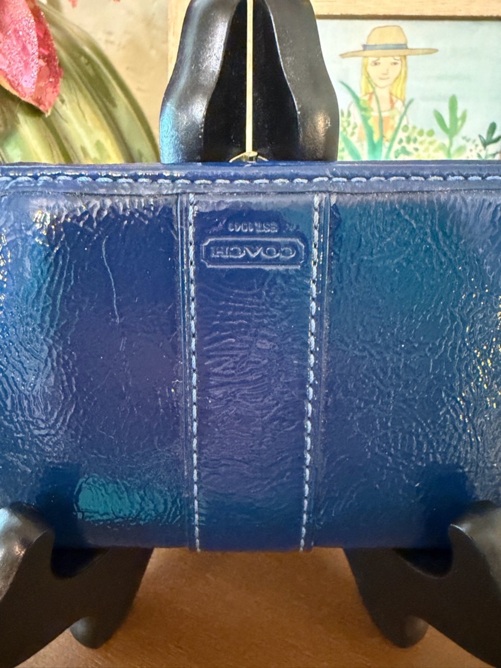 Coach Glossy Blue Patent Leather Card Case with Hot Pink Interior- GUC - Picture 2 of 8